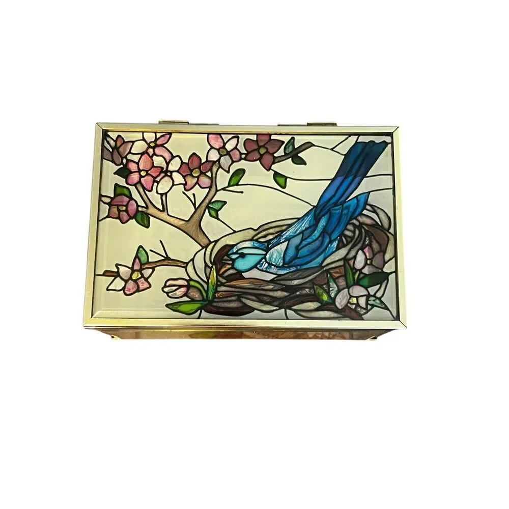 Joan Baker Designs vintage Stain Glass blue jay Hand Painted Trinket Box jewelry